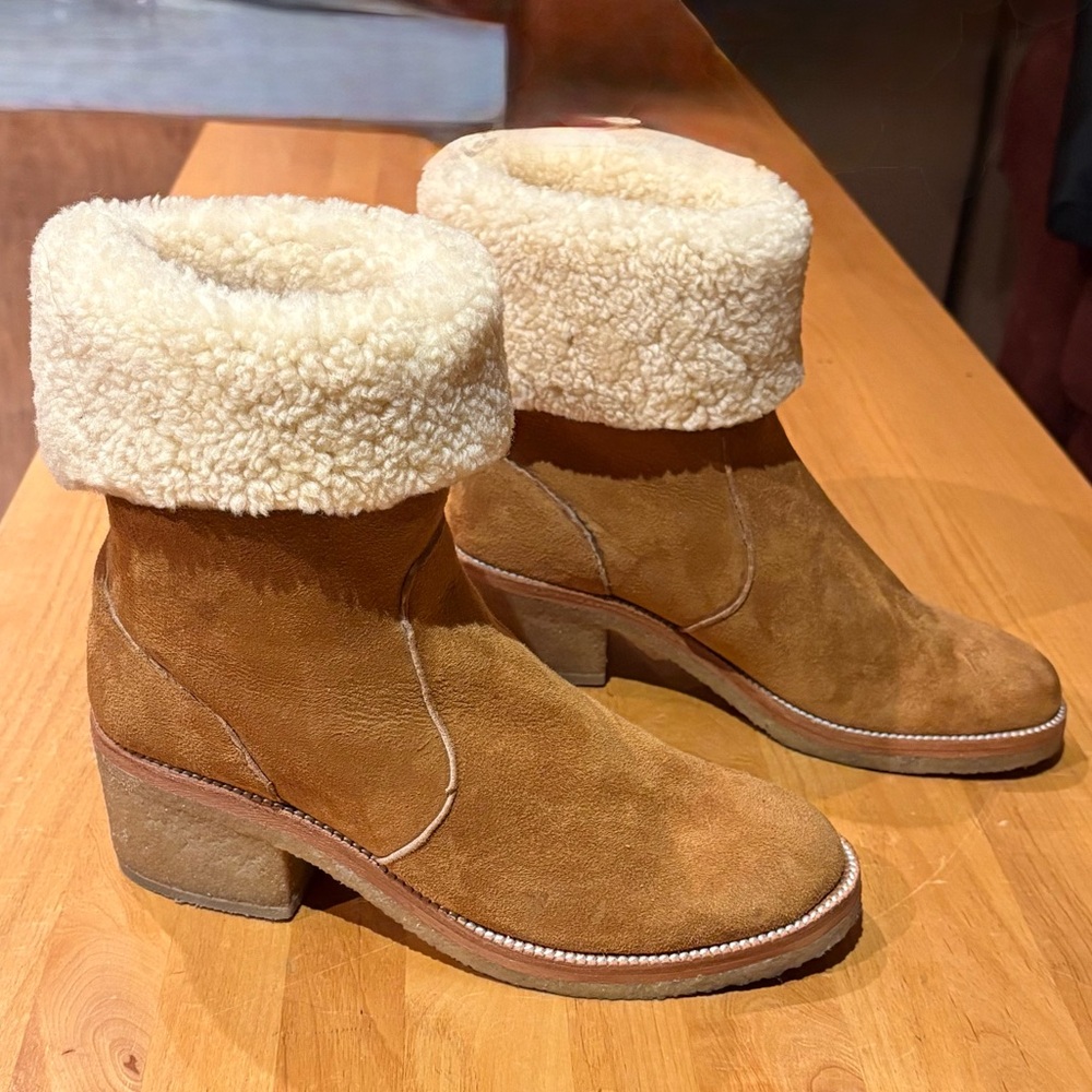 Coach Camel Suede Winter Boots with Shearling Collar